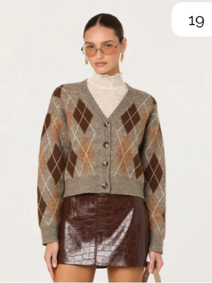 Astr Brown & Tan Argyle Vneck Button Cardigan
